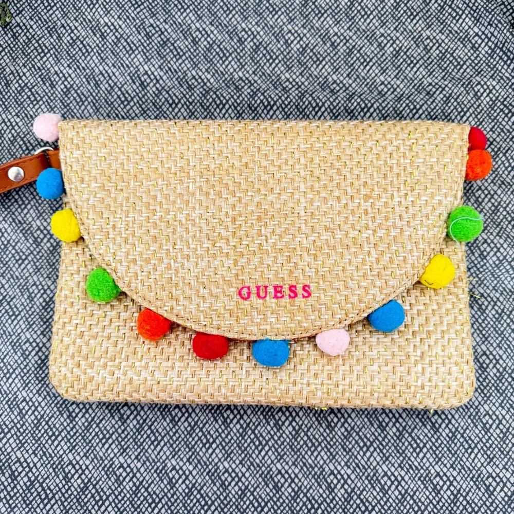 NWOT GUESS Natural Straw Clutch with Multicolor Pom-Poms